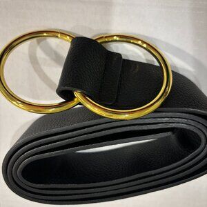 NWOT Below the Belt, Black 55" Vegan Belt, Gold Double circle Buckle, adjustable